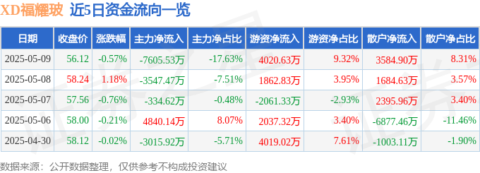 股票行情快报：XD福耀玻（600660）5月9日主力资金净卖出7553万元