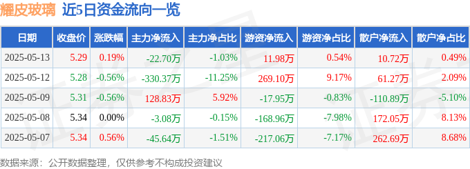 股票行情快报：耀皮玻璃（600819）5月13日主力资金净卖出2270万元