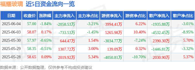 福耀玻璃（600660）6月4日主力资金净卖出205853万元