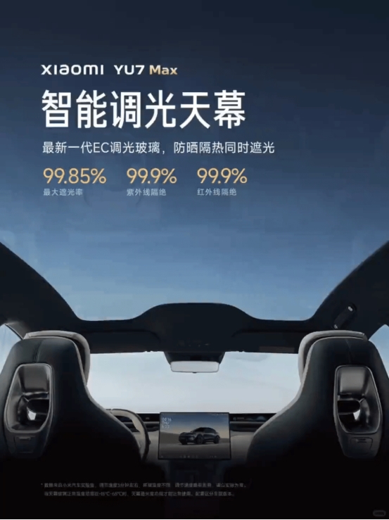 小米YU7 Max标配光羿智能调光天幕新一代黑色电致变色（EC）正式发布