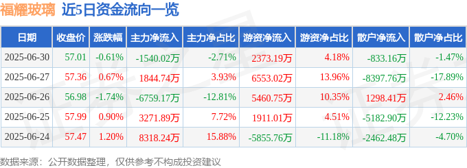 福耀玻璃（600660）6月30日主力资金净卖出154002万元